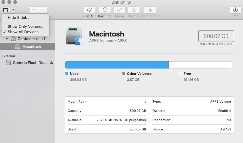 Disk utility all devices macos