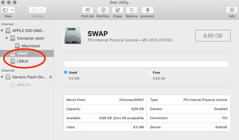 macos disk utility swap and linux partitions set up