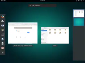 The Activities/Apps Display, showing the current running Apps as well as the Dock and the virtual desktop view.
